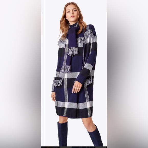 Tory Burch Gwen Fringe Wool Plaid Cardigan Navy/White Size Medium NWOT